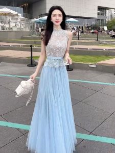 SHANGSHA | Elegant Mature Luxury Blue Lace Dress Set