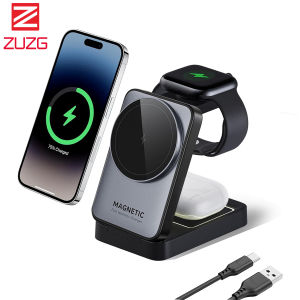 ZUZG Foldable 3-in-1 Magnetic Wireless Charging Station for iPhone 17/16/15/14/13/12 AirPods & Samsung Earbuds Apple Watch Series 11/10/9/8/7/SE | 15W Fast Charging | Portable Travel-Friendly Design