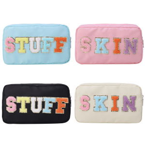 Fashionable Women Cosmetic Bag with Letter Patches Compact Travel Makeup Organizer for Easy Packing