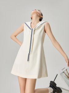 Summer French Style White Navy Collar Sleeveless Vest Dress Womens New 2025 High Waist A-Line Skirt Casual Comfortable Dress