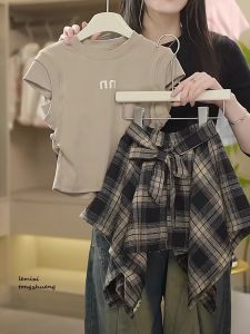 Girls Summer Plaid Skirt Set Korean Style Two-Piece Outfit Cotton round Neck Short Sleeve round Neck Pullover for Young Girls