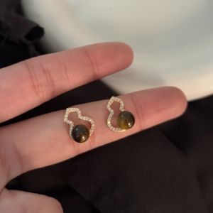 Hollow Gourd Tiger Eye Stone Fu Lu New Year Ear Studs Chinese Style Fashion Jewelry Womens Earrings Handmade Alloy Engraving