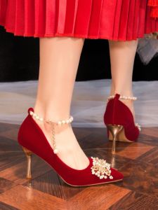 Red Velvet Chinese Style Wedding Shoes High Heels Dress Shoes Two-Way Ceremony Drinking Wine Shoes for Women Fashionable Fairy Tale Style