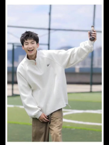 Bonnie Cathy เสื้อสเวตเตอร์ผู้ชายปักง่ายปกตั้งได้มีซิปครึ่งเสื้อกีฬารัดรูปสำหรับผู้ชายลำลองทรงหลวม