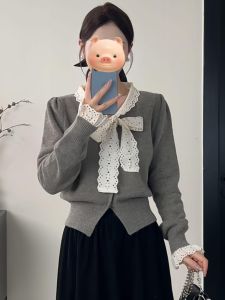 BINKAFENNY | French Sweet Lace Butterfly Knot Belted Knitted Open Cardigan Womens Autumn Winter Lazy Style Sweater High-End Short Top