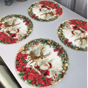 VIKAMA 4PC Christmas Red Placemats Are Waterproof And Heat Resistant Santa Claus Reindeer Pattern Round Placemats