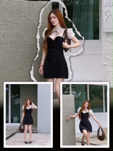 TW22823 set 2 ชิ้น ชุดเดรส ผ้าลูกฟูก + เสื้อตาข่ายแขนตุ๊กตา ..