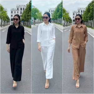 Sét bộ sơ mi tay dài quần dài cúc cài quần lưng thun co giãn có túi hai bên đựng đồ thoải mái ống quần rộng phong cách chất liệu tơ đũi mềm mại nhiều tông màu nổi: Két Sen Nu Trắng Đen Vàngsize M(< 52kg) Size L (53-59 kg) sie Xl ( 60-70 ký)