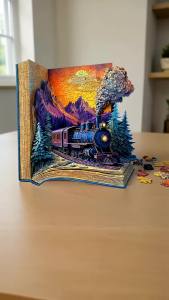 Wooden Puzzle for Adults - the Train in the Book Puzzle Unique Shape Wooden Jigsaw Puzzles Modern Art Home Decor