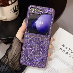 Casing for Samsung Galaxy Z Flip6 Z Flip5 Z Flip4 Z Flip3 Z Flip 6 Z Flip 5 Luxurious Sparkling Diamond Leather Wireless Charging Magsafe Back Cover Womens Folding Screen Anti-drop and Shockproof Protective Case