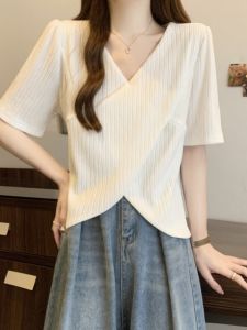 V-neck Cross Classic Style Short Sleeve Tops Womens Summer Plus Size Fat Sister Fashion All-Matching Slimming Sense of Design T-shirt