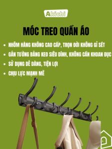 Móc treo quần áo AKICHI dán tường bằng keo không cần khoan nhôm cao cấp chống gỉ chịu lực 50kg