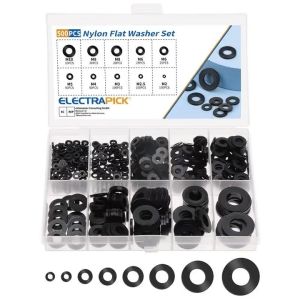 electrapick 500pcs M2 M2.5 M3 M4 M5 M6 M8 M10 Black Nylon Washer Insulation Spacers Seals Flat Washers Set Gasket Ring Kit