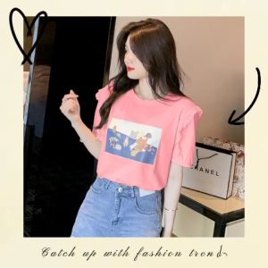 LHSunday Newww เสื้อยืดคอกลม สไตล์เกาหลี ผาบางแบบ ระบายลูกไม้ เสื้อแขนพอง เสื้อยืดคอกลม เสื่องสีสวย สำหรับผู้หญิง