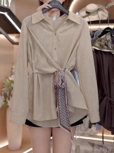 Shalldoer | Áo sơ mi nữ cổ polo tay dài dáng ôm eo thắt nơ thời trang thu đông phong cách retro cao cấp chất liệu lụa thiết kế mới