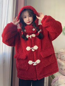 Lo Xiao Christmas Red Thickened Winter Coat for Women with Hood Fur Collar Button up Cotton Jacket Sweet Style Loose Fit