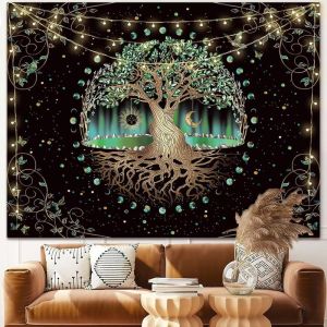 VIKAMA Boho Bầu Trời Đầy Sao Cây Sự Sống Tấm Thảm Với Thiết Kế Bướm Thiên Đường Treo Tường Cho Phòng Ngủ Trang Trí Phòng Khách Polyester