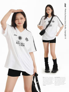 DESSUU Street Style Pure Cotton T-Shirt Womens V-neck Short Sleeve Printed Cool Feeling Summer Top Casual Loose Fit