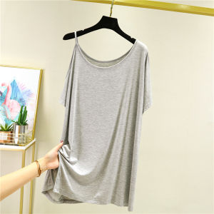 Summer Modal Shoulder Bared Beautiful Back Short Sleeve T Shirt Women Loose Base Shirt plus Size mid Length Inner Thin Top