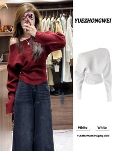 YUEZHONGWEI | Red One-Shoulder Irregular Asymmetrical Knitted Sweater Waist-Cinching