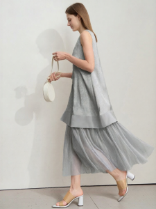 AMII | Sleeveless Patchwork Net Gathering Embroidered Cheongsam Style Dress