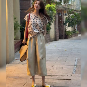 BINKAFENNY | Champagne Colored Plus Size Straight Leg Casual Pants Womens Beautiful Summer High Waist Nine Points Length High Fashion Sense