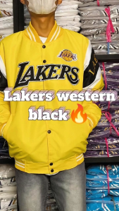 HAPPY Varsity Jacket Basket Pria Wanita Full Bordir Casual Keren Lakers Western Yellow