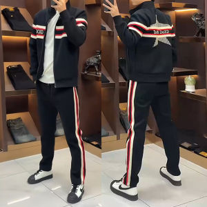 Mens Winter Sportswear Set Straight Leg Pants Long Sleeve Sweatshirt Color Stripe Knit Belt Two Piece Casual Outfit