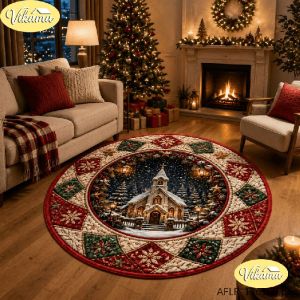 VIKAMA Christmas Round Rug Gold Bell Red Bow Pine Snow Area Rug Living Room Holiday Home Decor Aesthetic Art Large Premium Cute