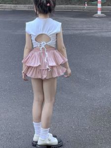 Cute Girls Summer Outfit Set Drawstring Backless T-shirt Pleated Skirt Two-piece Korean Style Cotton Performance Clothes