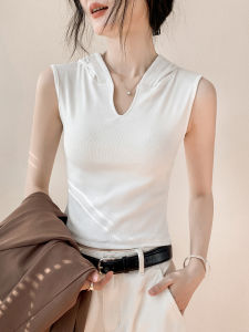 GEBEISHANG | V-Neck Hooded Sleeveless Slim Fit Casual Blouse