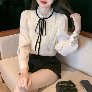 AFEG solid color Korean version stand-up collar bow fashion loose temperament chiffon long-sleeved blouse for women