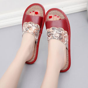 Summer Household Indoor Non Slip Wood Floor Linen Leather Slippers Bedroom Couple Men Women Home Sandals Summer