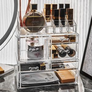 กล่องอะคริลิคใสสำหรับจัดระเบียบเครื่องสำอาง กล่องโชว์เครื่องสำอาง กล่องเก็บเครื่องประดับ ชั้นวางของแบบลิ้นชักสำหรับวางบนโต๊ะ