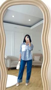 NANDO ATASAN KEMEJA OVERSIZE GARIS SALUR WANITA KOREAN STYLE KATUN IMPORT