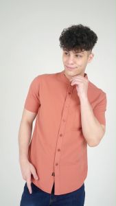 Forest Cotton Woven Short Sleeve Mandarin Collar Plain Men Shirt | Baju Kemeja Lelaki - 621357