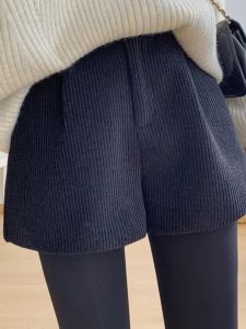 WANGGONGZHU | High Waist Corduroy Tweed Shorts Womens Autumn Winter New Outerwear Elastic Waist Bottoming Wide Leg Pants Princess Style