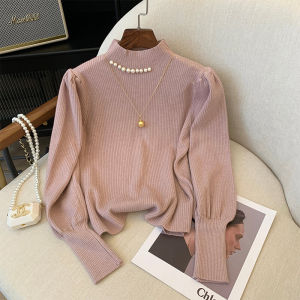 French Style Beaded Knitted Base Shirt Womens Spring 2026 New Retro Lantern Sleeve Half High Collar Inner Wear Top