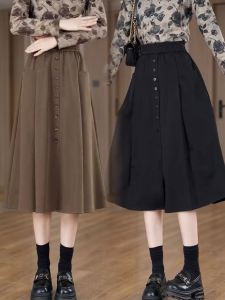 High Waist A-Line Midi Skirt Womens Slimming Spring Autumn Style Single Button Pocket Long Skirt Polyester Fiber Commute Style