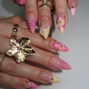 24pcs/set Medium fake nails 3D flowers design gradient pink blue Summer Autumn square almond tips press on false nails art kit