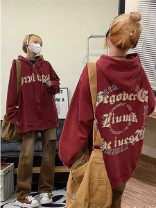Áo Nỉ Có Mũ Trùm Đầu Màu Đỏ Rượu Vang Cổ Điển Dành Cho Nữ Thời Trang Đường Phố Mỹ Dày Dặn Có Khóa Kéo Dài Thường Ngày Mùa Thu Đông