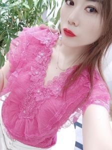 New Chinese Style Three-Dimensional Flower Rhinestone-Embedded Flounce Super Fairy Short-Sleeved Lace Shirt Female Summer Silm Slimming Noble Western Style