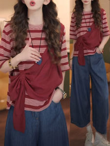 Shalldoer | ชุดเสื้อยืดแขนสั้นลายทางคอตุ้มและกางเกงขากว้างสองชิ้นสำหรับผู้หญิงในช่วงฤดูร้อนปี 2025 ชุดแฟชั่นที่สวมใส่ได้หลากหลาย