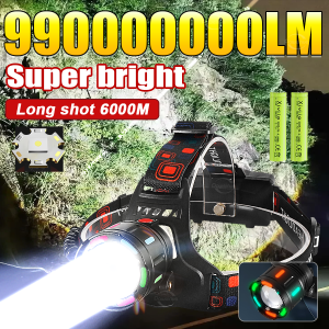 990000000LM Strong Light LED Headlight USB Rechargeable Headlamp Long Shot 6000M Powerful Lamp Fluorescent Light Outdoor Fishing