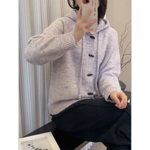 QINGNAER | Lazy Horn Button Hooded Sweater