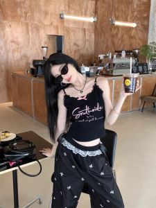 Black Lace Trim Printed Butterfly Knot Decorative Design Sensation Strap Vest with Chest Pad Fixed Cup Slimming Street Style Cotton Short Length