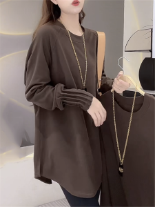 Fleece Lined Sanded Mid Length Long Length T-shirt Womens Long Sleeve Fall and Winter Pleated Sleeve Curved Split Hip-Covering Dralon Bottoming Tops