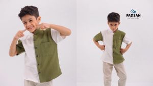 Kemeja Ayah dan Anak Laki Laki Couple Baju Atasan Serasi 2 Warna Polos Kerah Mandarin Lengan Pendek BiB Series