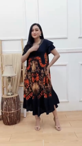 Daster Payung Jumbo Sepia  Motif Jumputan Batik sakura Pekalongan Dress Piyama Rayon Panjang Wanita Dewasa Busui Bumil Busui Tidur