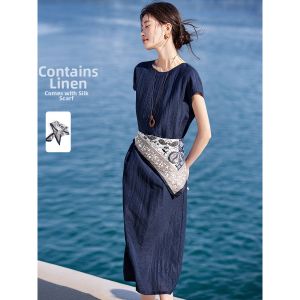 MOHANYIMEI | Elegant Office Style Flax Blend Dress with Shoulder Seam Printing and Sash
